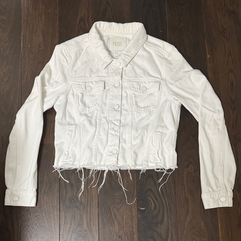 PAIGE White Frayed Hem Jean Jacket